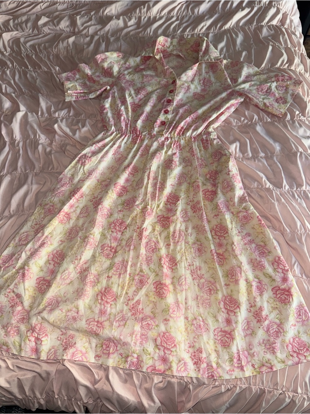 Vintage 1950s Pink and yellow floral dress with button up front